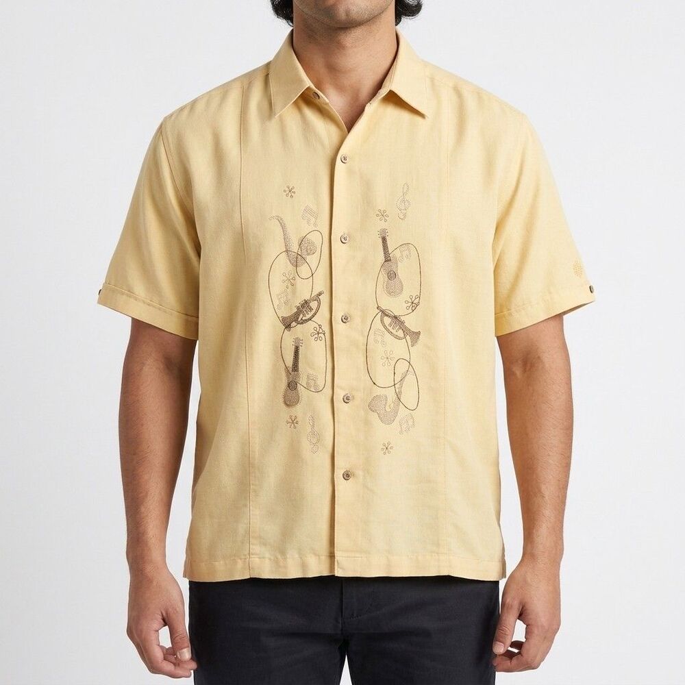 Cubavera Shirt Mens XL Yellow Music Instrument Embroidered Short Sleeve